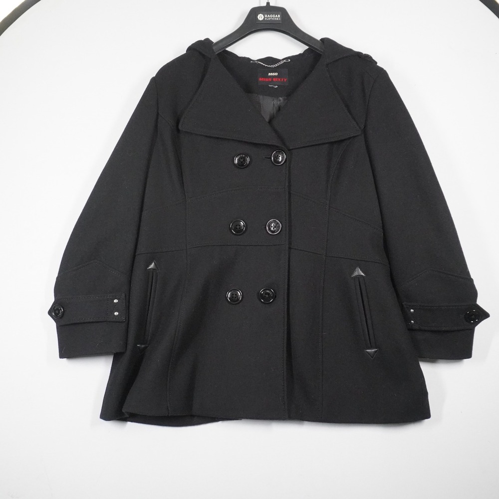 VTG Y2K Miss Sixty M60 Pea Coat XL Black Hood Double Breasted Wool Blend Jacket